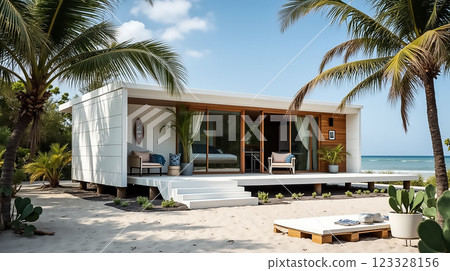 Dream beachfront house with palm trees and modern design near clear blue ocean located in a tropical paradise 123328156