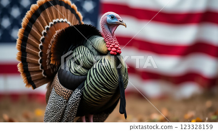 Colorful turkey stands proudly in front of an American flag during a fall celebration in a rural setting 123328159