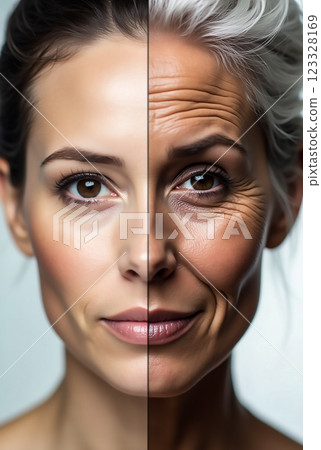 Comparison of youthful and aged facial features showing the impact of time on skin health and appearance Comparison of youthful and aged facial features showing the impact of time on skin health and appearance 123328169