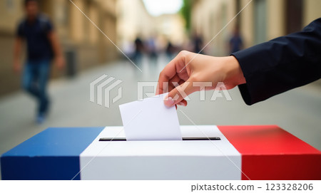 Voting in a French street election with a ballot box displayed against the backdrop of urban architecture 123328206