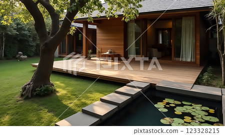 Modern wooden house with serene outdoor space and tranquil pond filled with water lilies in a lush garden setting 123328215