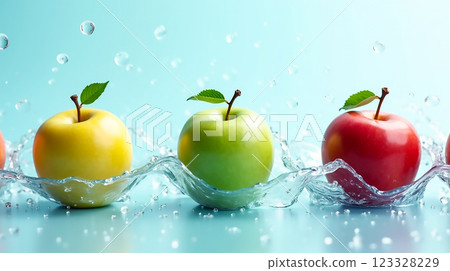 Colorful apples splash in water creating refreshing ripples in a bright setting 123328229