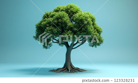 Lush green tree with dense foliage and strong roots on a serene blue background 123328231