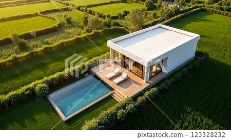 Modern villa with pool surrounded by lush green fields in a serene landscape at sunset 123328232
