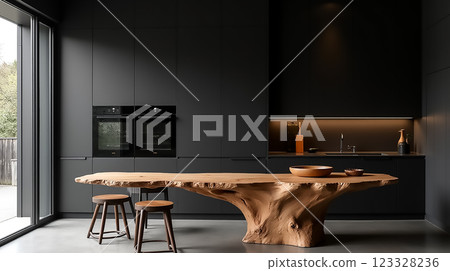 Modern kitchen with unique wooden table and minimalist design creates a warm atmosphere in the heart of the home 123328236