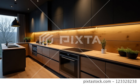 Modern kitchen design showcases sleek cabinetry and warm lighting in a minimalist home environment 123328238