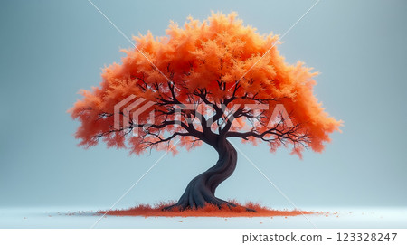 Vibrant orange tree stands alone against a soft gray background in serene setting 123328247