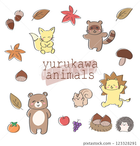 秋天的動物插圖集 秋天的風景材料 寬鬆可愛的插圖集 123328291