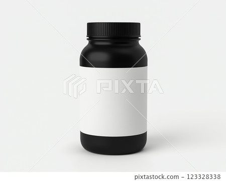 Black container with blank label designed for versatile storage or packaging solutions ideal for various products Black container with blank label designed for versatile storage or packaging solutions ideal for various products 123328338