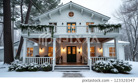 Charming white house adorned with greenery in winter landscape during a snowy day 123328347