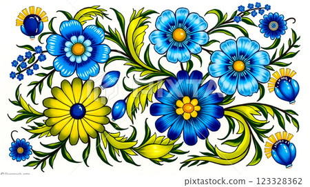 Colorful floral design featuring blue and yellow flowers with green leaves on a white background 123328362