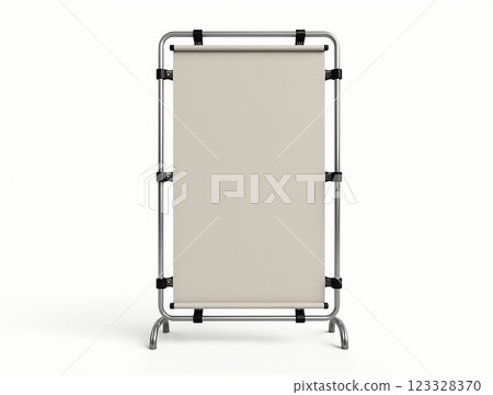 Blank display stand positioned on a clean white background for showcasing promotional materials or signage on a trade show floor 123328370