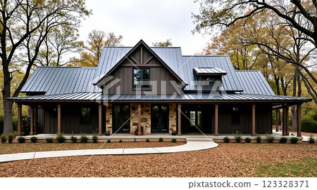 Modern farmhouse design with a metal roof surrounded by autumn trees and gravel pathway Modern farmhouse design with a metal roof surrounded by autumn trees and gravel pathway 123328371