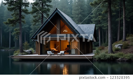 Modern lakeside cabin offers a serene retreat surrounded by nature in the early morning mist Modern lakeside cabin offers a serene retreat surrounded by nature in the early morning mist 123328395