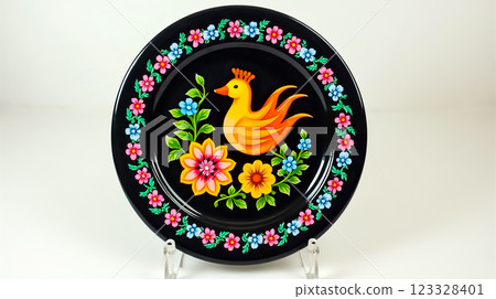 Colorful decorative plate featuring a bird and floral design on a black background Colorful decorative plate featuring a bird and floral design on a black background 123328401