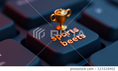Trophy displayed on a keyboard key with the text sports beets prominently featured for a playful digital concept 123328402