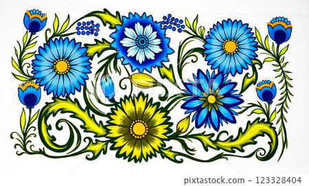 Vibrant blue and yellow floral design featuring various flowers and foliage on a white background Vibrant blue and yellow floral design featuring various flowers and foliage on a white background 123328404