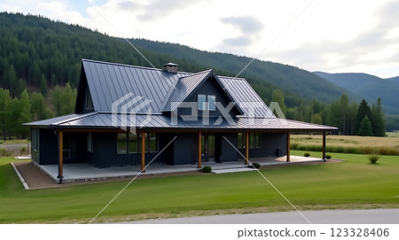 Modern black farmhouse surrounded by lush greenery in a mountainous region during daylight hours Modern black farmhouse surrounded by lush greenery in a mountainous region during daylight hours 123328406