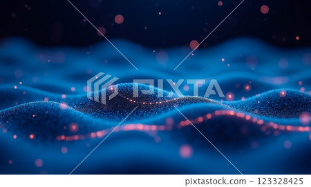 Abstract blue waves illuminated by glowing particles create a mesmerizing underwater effect at night Abstract blue waves illuminated by glowing particles create a mesmerizing underwater effect at night 123328425