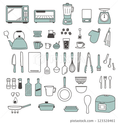 廚房用具線描素材組炊具手繪風格圖標 123328461