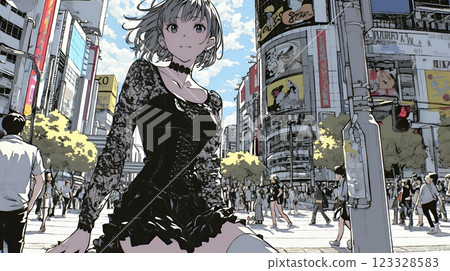 A young woman in Gothic Lolita fashion walking through the streets of Tokyo A young woman in Gothic Lolita fashion walking through the streets of Tokyo 123328583
