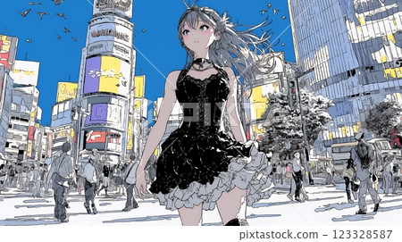 A young woman in Gothic Lolita fashion walking through the streets of Tokyo A young woman in Gothic Lolita fashion walking through the streets of Tokyo 123328587