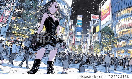 A young woman in Gothic Lolita fashion walking through the streets of Tokyo A young woman in Gothic Lolita fashion walking through the streets of Tokyo 123328588