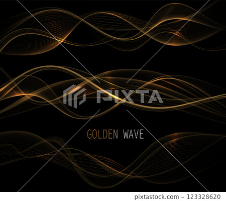 Isolated design element, wavy illustration in gold color on black background 123328620