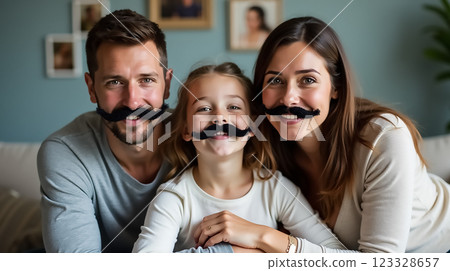 Family enjoying playful moment with mustache props at home in cozy living room 123328657
