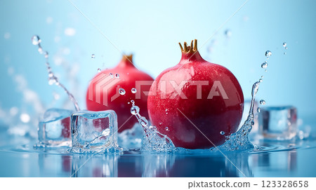 Pomegranates splashing in cool water with ice cubes on a bright blue background 123328658
