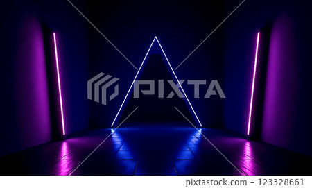 Neon lights create geometric patterns in a dark space during an art installation event Neon lights create geometric patterns in a dark space during an art installation event 123328661