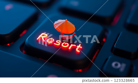Miniature beach umbrella on a keyboard key labeled resort, symbolizing travel and vacation planning online Miniature beach umbrella on a keyboard key labeled resort, symbolizing travel and vacation planning online 123328665