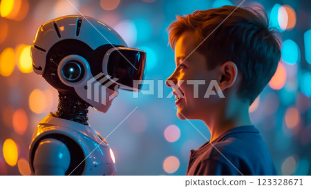 Child interacts with a friendly robot companion in a colorful, futuristic setting during an engaging technology event Child interacts with a friendly robot companion in a colorful, futuristic setting during an engaging technology event 123328671