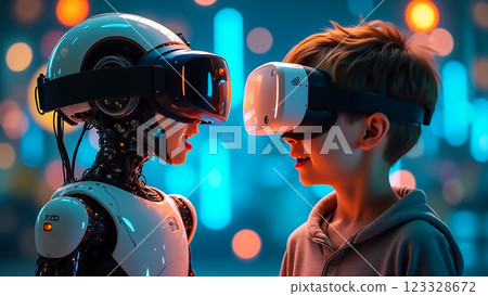 Children interact with an advanced robotic companion in a vibrant virtual reality environment at night 123328672