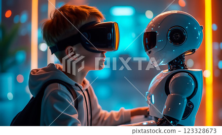 Boy experiences virtual reality while interacting with a robotic companion in a futuristic setting 123328673