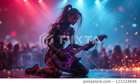 Energetic performance by a female musician dressed in a futuristic outfit playing guitar on stage during a vibrant concert 123328696