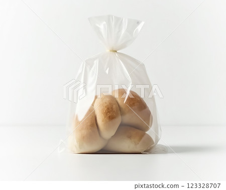 Freshly baked bread rolls packaged in a clear plastic bag on a white background 123328707