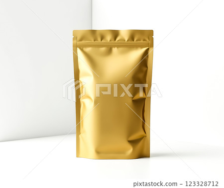 Sleek golden packaging stands upright on a clean surface against a minimalistic background Sleek golden packaging stands upright on a clean surface against a minimalistic background 123328712