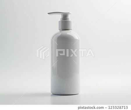 White pump bottle displayed on a clean surface for product packaging or skincare applications White pump bottle displayed on a clean surface for product packaging or skincare applications 123328713