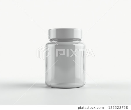 Clear glass jar with a white lid placed on a plain white background for versatile storage and display options 123328738