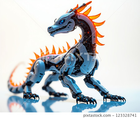 Robot dragon model showcasing mechanical design and creativity in a bright setting Robot dragon model showcasing mechanical design and creativity in a bright setting 123328741
