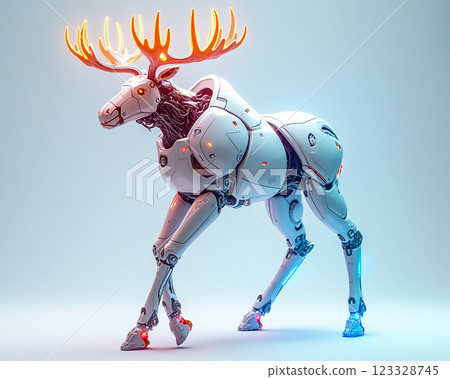 Futuristic robotic moose with glowing antlers walking against a plain background in a digital art style Futuristic robotic moose with glowing antlers walking against a plain background in a digital art style 123328745