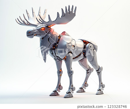 Robotic moose with glowing features stands against a white background in a futuristic setting Robotic moose with glowing features stands against a white background in a futuristic setting 123328746