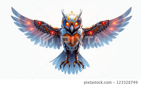 Futuristic robotic owl soaring through a light-filled environment with intricate details and vibrant colors 123328749