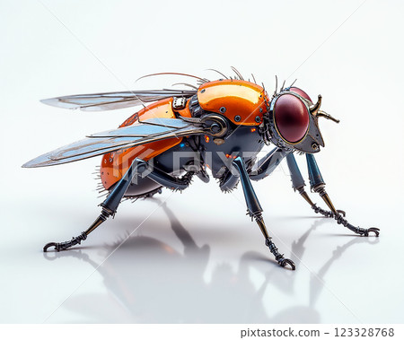 Intricate robotic fly design created with vibrant colors and detailed mechanics in a studio setting 123328768