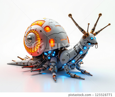 Mechanical snail with glowing features showcases innovative design and technology in futuristic art Mechanical snail with glowing features showcases innovative design and technology in futuristic art 123328771