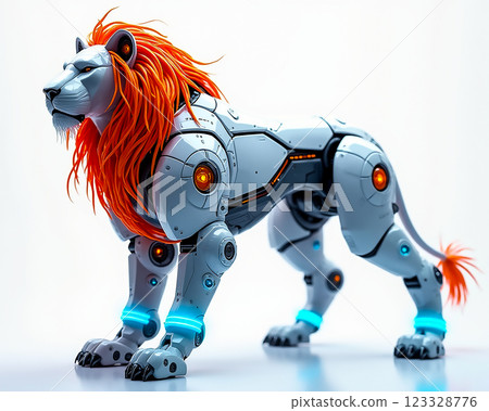 Robotic lion with vibrant orange mane showcases innovative design in futuristic setting 123328776