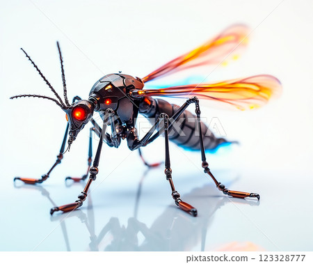Intricate metallic insect model with glowing eyes and vibrant wings showcased on a reflective surface 123328777
