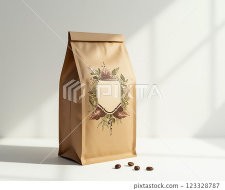 Brown kraft paper bag with floral design and coffee beans on a white table in bright sunlight 123328787