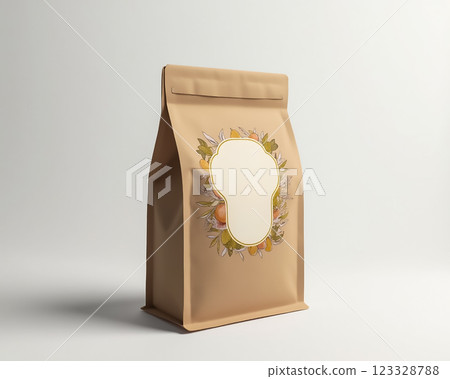 Packaging design for a food product featuring floral elements with blank label on a light background 123328788